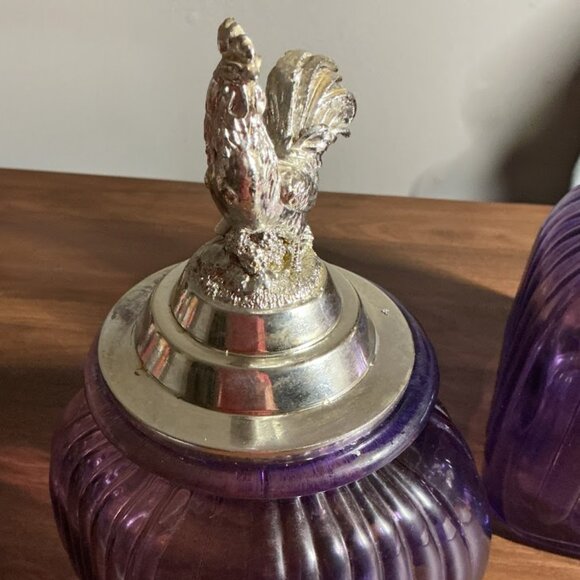 Purple Amethyst Vintage Rooster Lid Glass Canisters Set of 2 - Picture 2 of 10